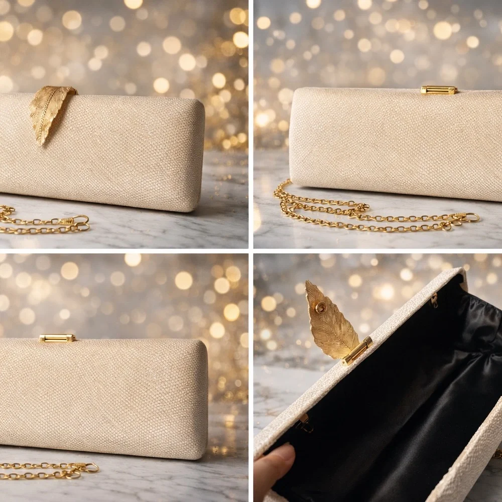 Elegant Cream Clutch with Gold Chain - Picture 4 of 4
